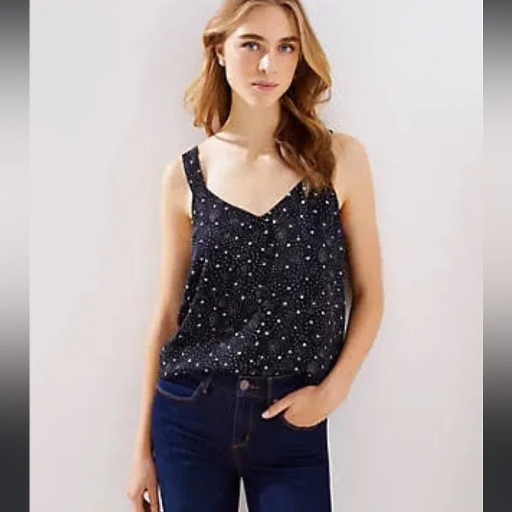 LOFT Starry Strap V-Neck Cami, Size Small, black star print, chiffon sleeveless